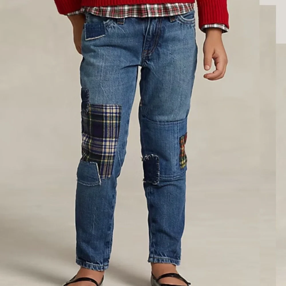 Polo Ralph Lauren Kids Patchwork Astor Slim Boyfriend Jeans Blue Plaid 3T NWT